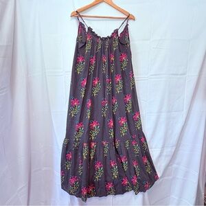 Anthropologie S Midi/Maxi Dress Black Pink Yellow Floral Design Spaghetti Straps